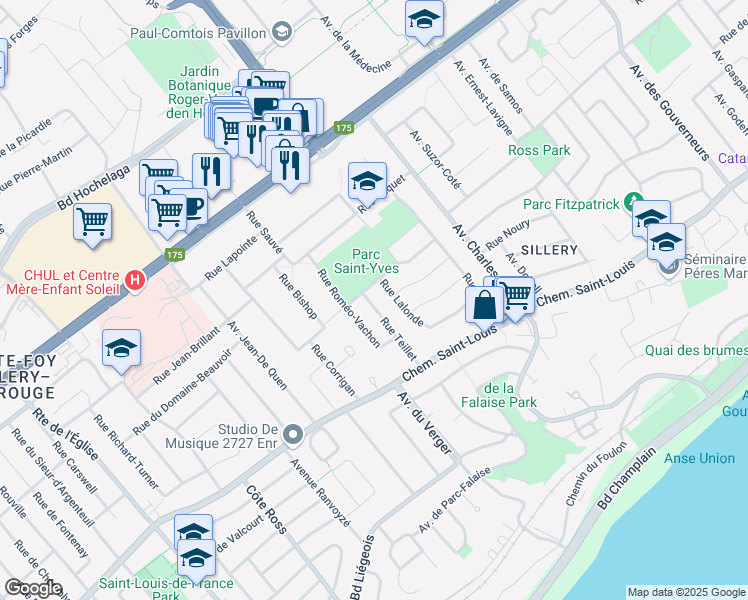 map of restaurants, bars, coffee shops, grocery stores, and more near 1319 Rue Teillet in Québec