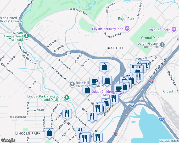 map of restaurants, bars, coffee shops, grocery stores, and more near 430 North 22nd Avenue West in Duluth