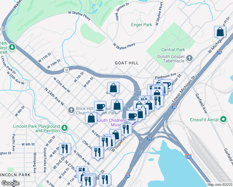 map of restaurants, bars, coffee shops, grocery stores, and more near 2001 West 3rd Street in Duluth