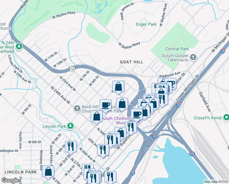 map of restaurants, bars, coffee shops, grocery stores, and more near 2027 West 4th Street in Duluth