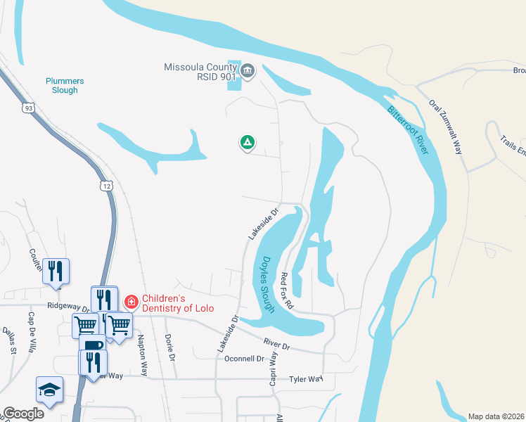 map of restaurants, bars, coffee shops, grocery stores, and more near 312 Red Fox Road in Lolo