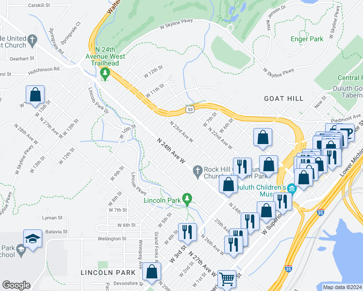 map of restaurants, bars, coffee shops, grocery stores, and more near 2315 West 7th Street in Duluth