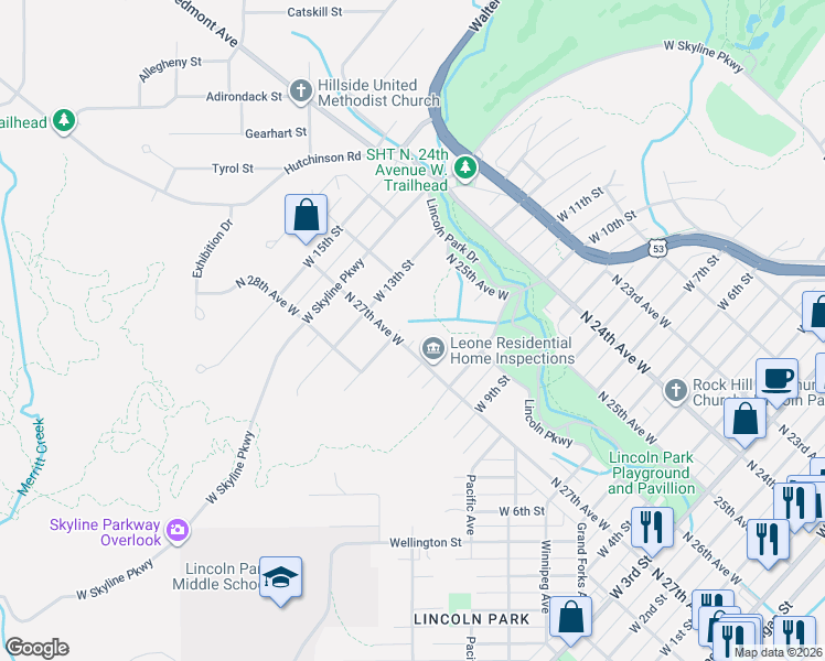 map of restaurants, bars, coffee shops, grocery stores, and more near 1118 North 27th Avenue West in Duluth