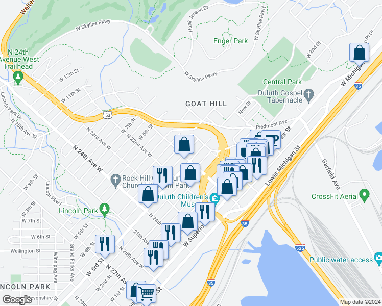 map of restaurants, bars, coffee shops, grocery stores, and more near 2023 West 3rd Street in Duluth