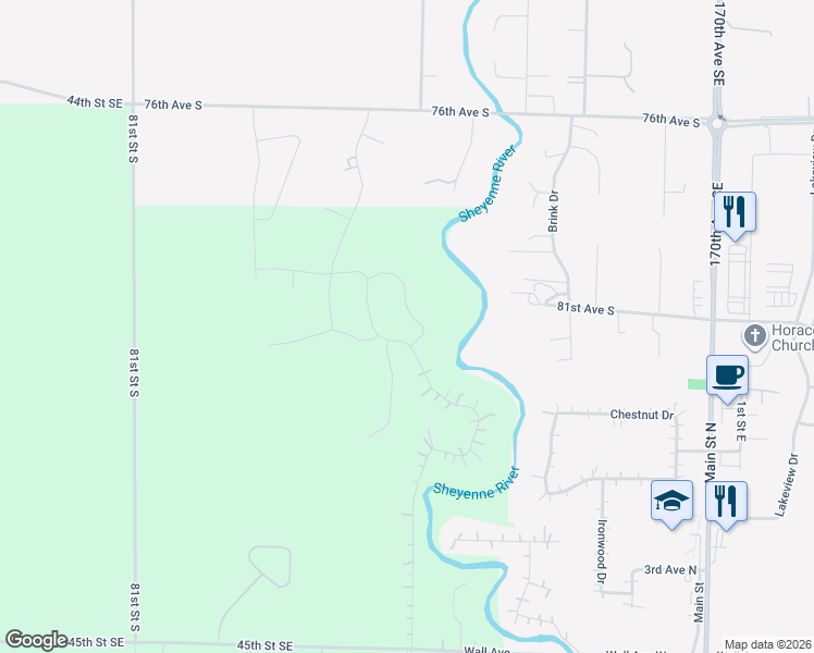 map of restaurants, bars, coffee shops, grocery stores, and more near 8158 Rivers Edge Lane in Horace