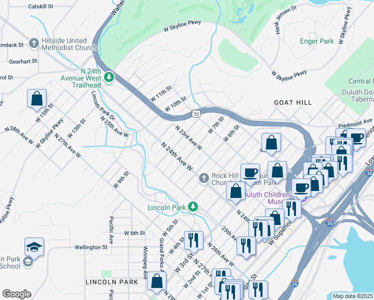 map of restaurants, bars, coffee shops, grocery stores, and more near 2310 West 8th Street in Duluth