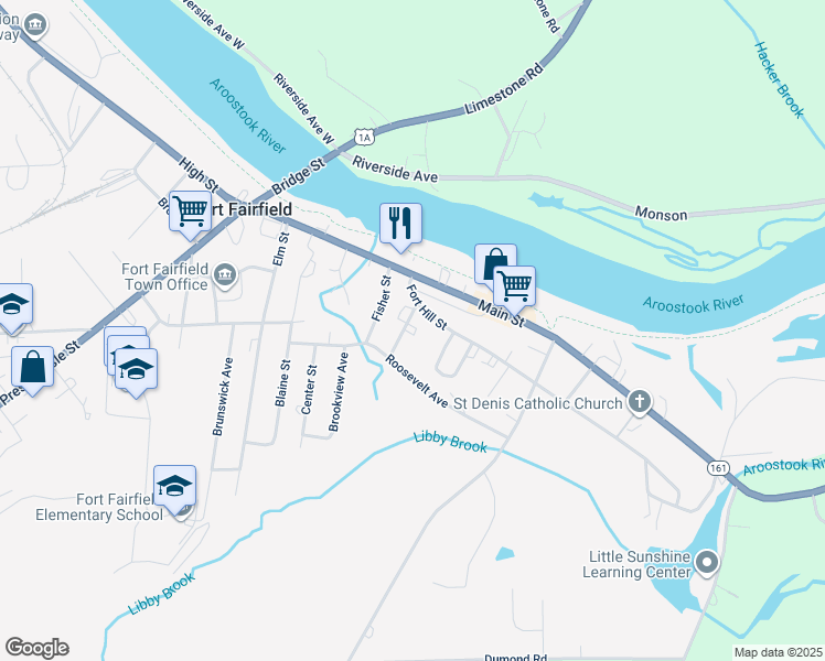 map of restaurants, bars, coffee shops, grocery stores, and more near 17 Fort Hill Street in Fort Fairfield