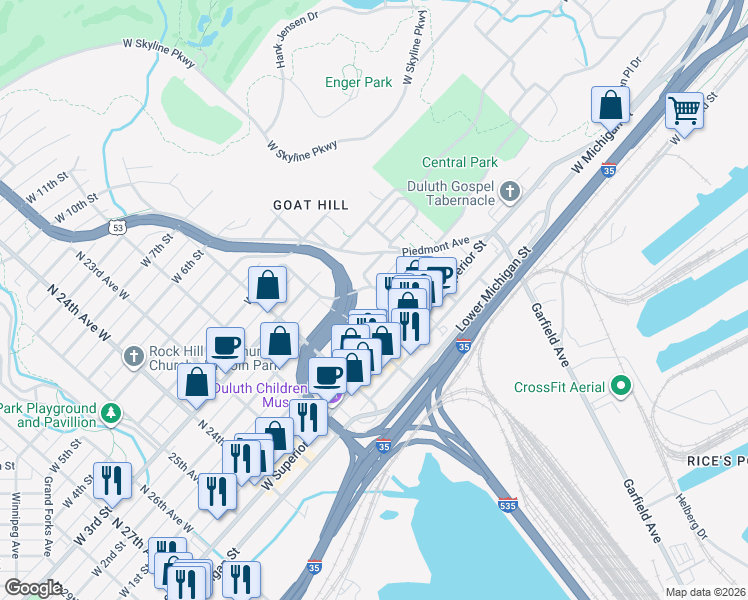 map of restaurants, bars, coffee shops, grocery stores, and more near 4606 West 6th Street in Duluth