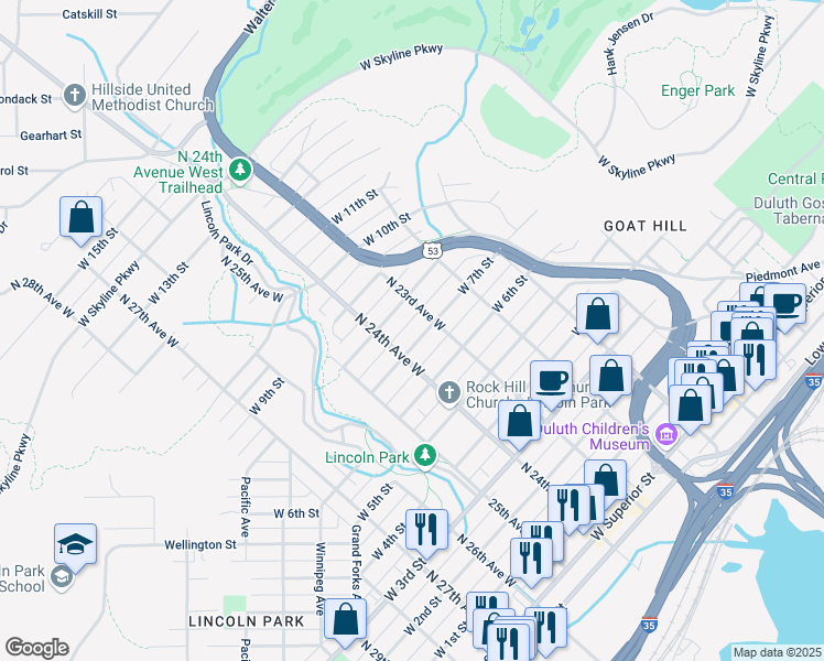 map of restaurants, bars, coffee shops, grocery stores, and more near 2310 West 8th Street in Duluth