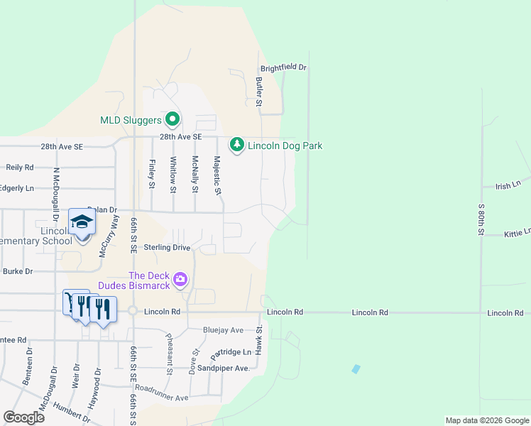 map of restaurants, bars, coffee shops, grocery stores, and more near 7030 Dolan Drive in Bismarck
