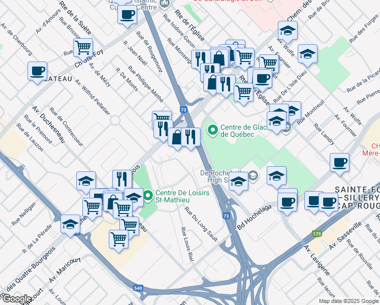 map of restaurants, bars, coffee shops, grocery stores, and more near 1015 Avenue Wilfrid-Pelletier in Québec