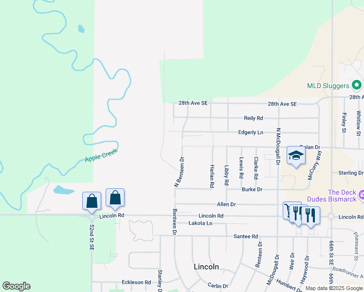 map of restaurants, bars, coffee shops, grocery stores, and more near North Benteen Drive in Lincoln