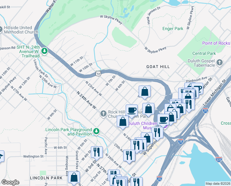map of restaurants, bars, coffee shops, grocery stores, and more near 522 North 22nd Avenue West in Duluth