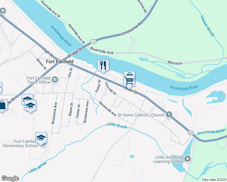 map of restaurants, bars, coffee shops, grocery stores, and more near 17 Fort Hill Street in Fort Fairfield