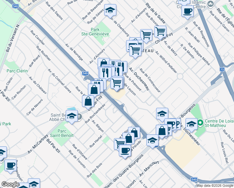 map of restaurants, bars, coffee shops, grocery stores, and more near 840 Avenue de Bourgogne in Québec