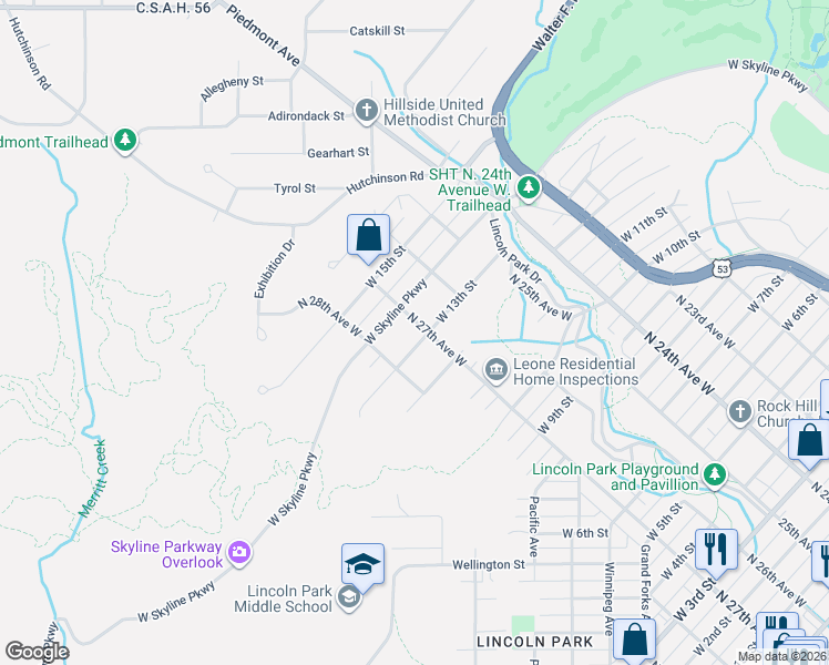 map of restaurants, bars, coffee shops, grocery stores, and more near 2701 West 13th Street in Duluth