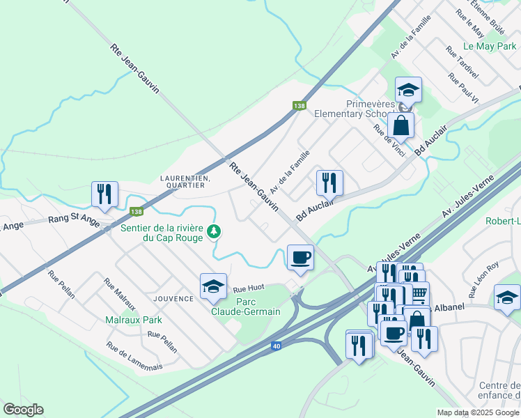 map of restaurants, bars, coffee shops, grocery stores, and more near 2141 Rue Conrad Kirouac in Québec