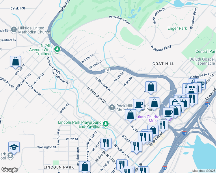 map of restaurants, bars, coffee shops, grocery stores, and more near 2229 West 7th Street in Duluth
