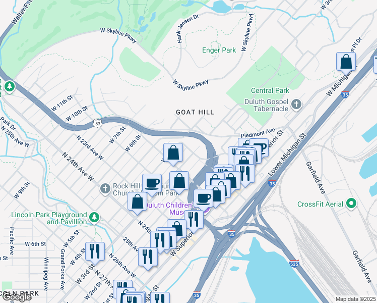 map of restaurants, bars, coffee shops, grocery stores, and more near 2001 West 3rd Street in Duluth