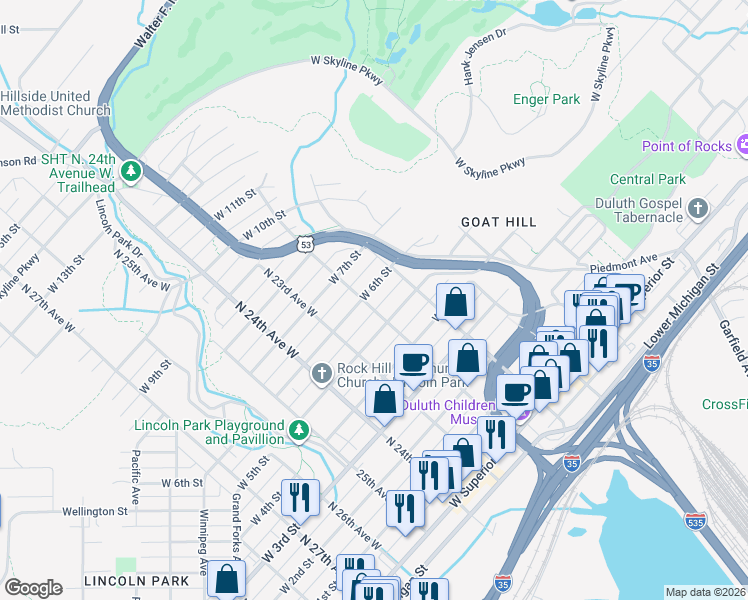 map of restaurants, bars, coffee shops, grocery stores, and more near 522 North 22nd Avenue West in Duluth