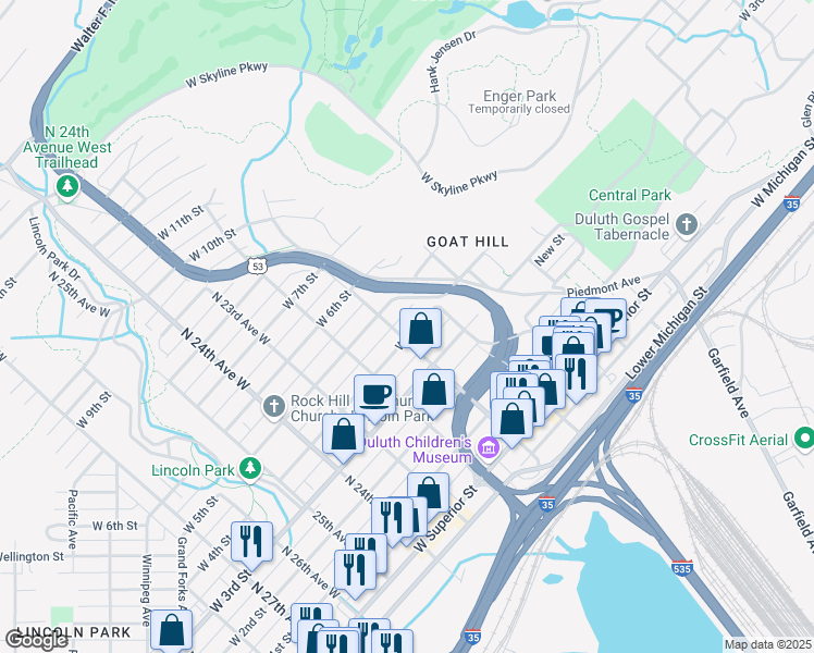 map of restaurants, bars, coffee shops, grocery stores, and more near 2027 West 4th Street in Duluth