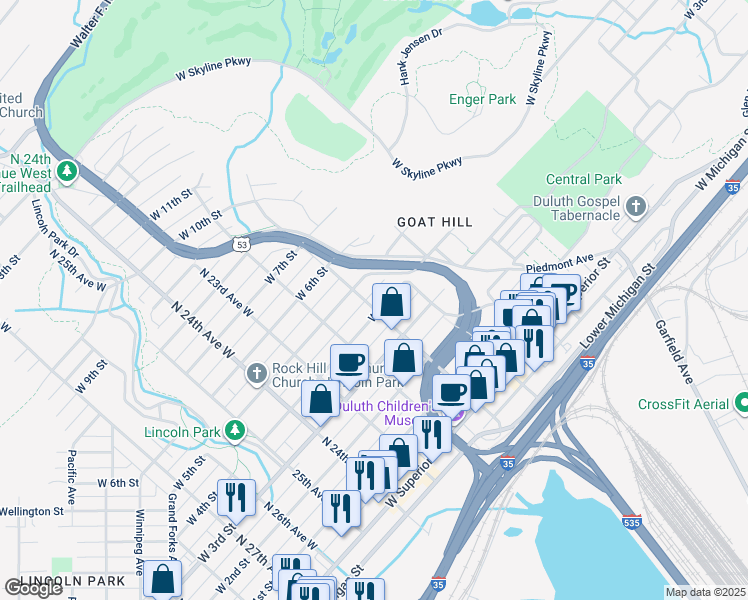 map of restaurants, bars, coffee shops, grocery stores, and more near 2027 West 4th Street in Duluth