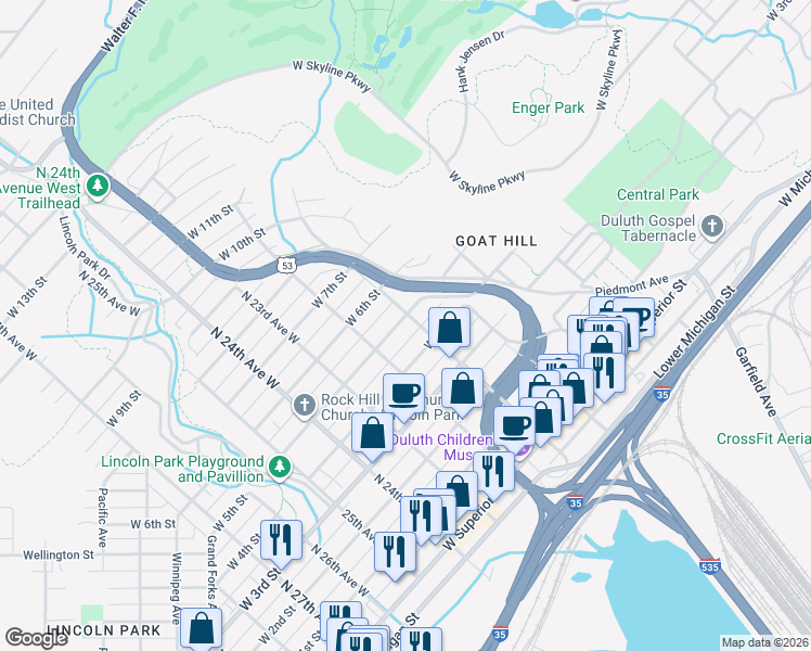 map of restaurants, bars, coffee shops, grocery stores, and more near 2108 West 5th Street in Duluth