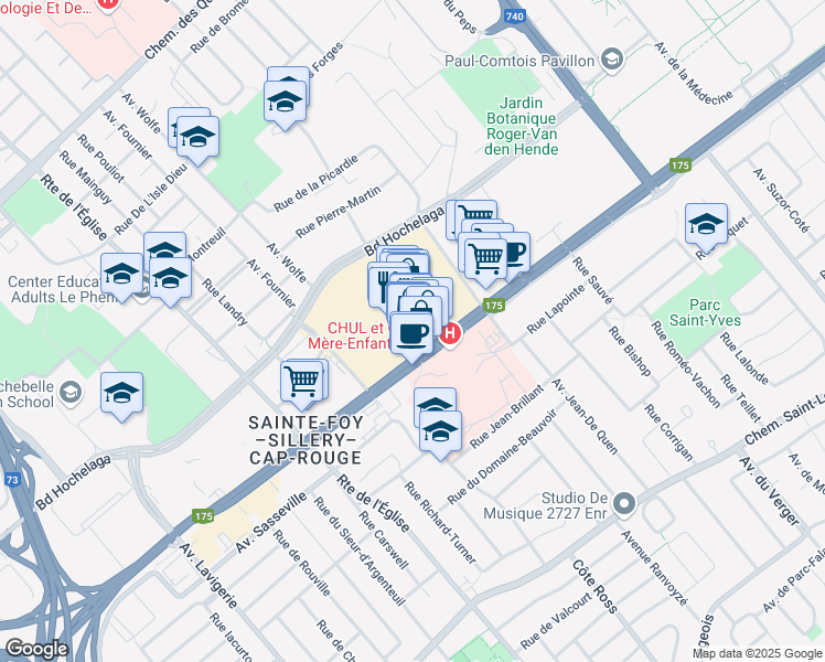map of restaurants, bars, coffee shops, grocery stores, and more near 2700 Boulevard Laurier in Quebec