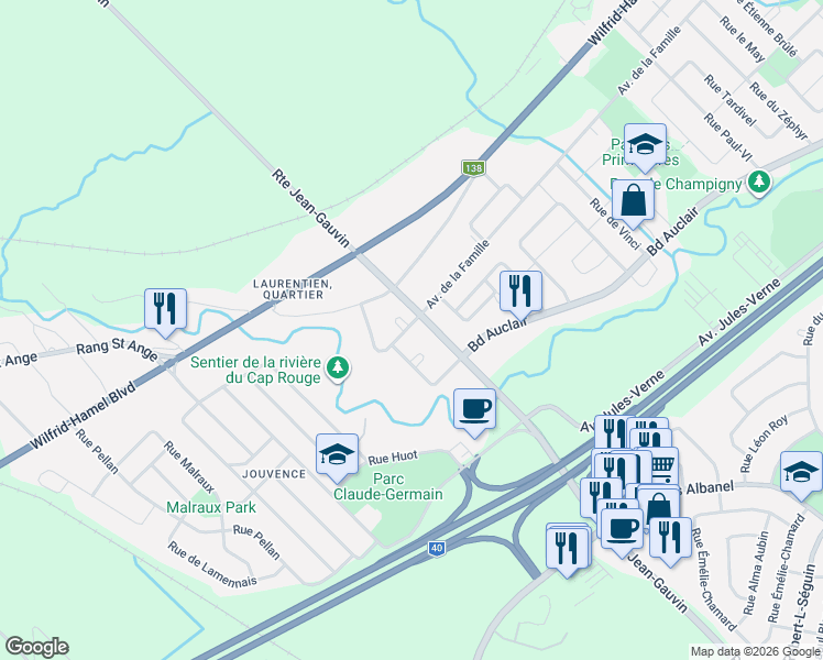 map of restaurants, bars, coffee shops, grocery stores, and more near 2141 Rue Conrad Kirouac in Québec