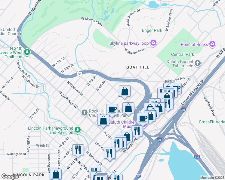 map of restaurants, bars, coffee shops, grocery stores, and more near 2108 West 5th Street in Duluth