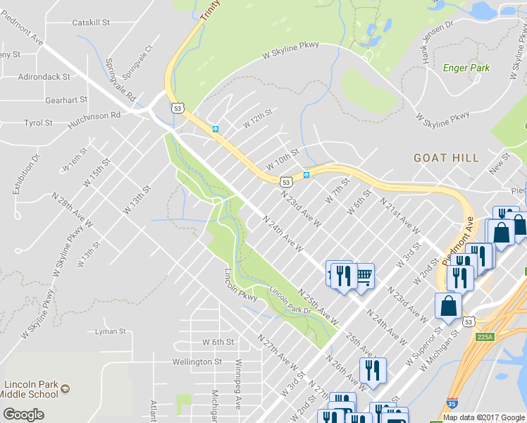 map of restaurants, bars, coffee shops, grocery stores, and more near 818 North 24th Avenue West in Duluth
