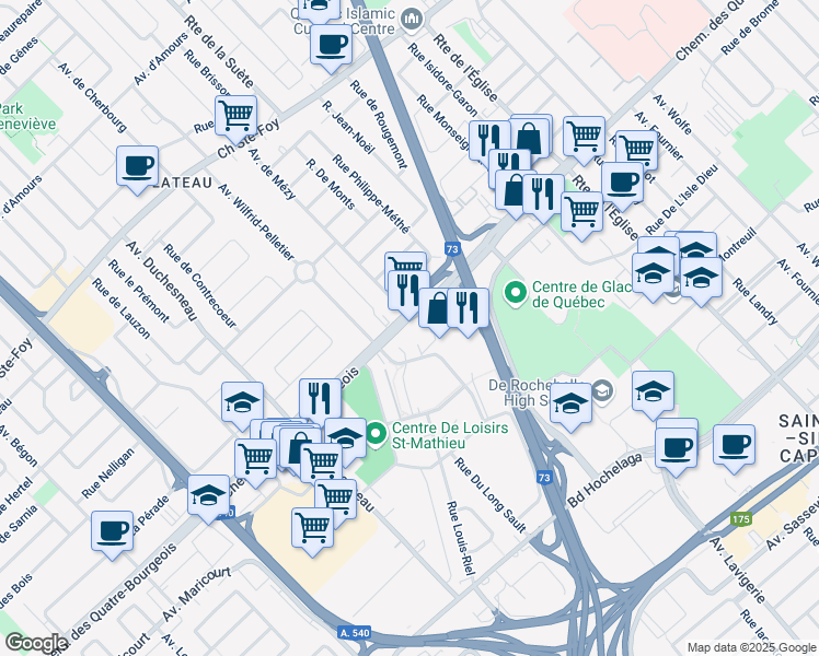 map of restaurants, bars, coffee shops, grocery stores, and more near 3071 Chemin des Quatre-Bourgeois in Québec