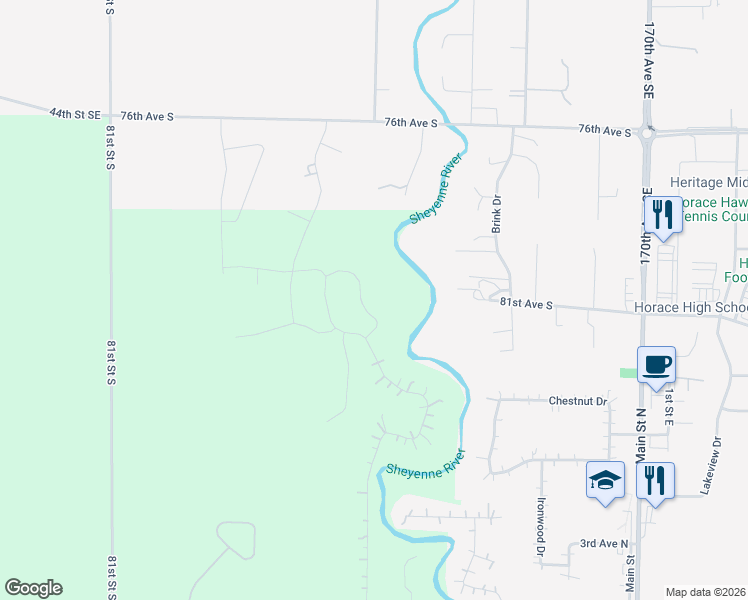 map of restaurants, bars, coffee shops, grocery stores, and more near 8158 River's Edge Lane in Horace