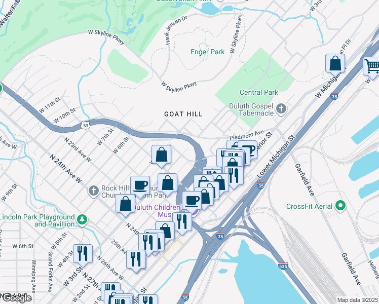 map of restaurants, bars, coffee shops, grocery stores, and more near 1924 West 3rd Street in Duluth