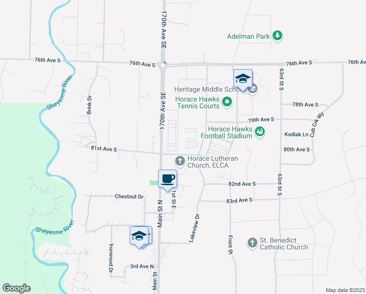 map of restaurants, bars, coffee shops, grocery stores, and more near 650 1st Street North in Horace