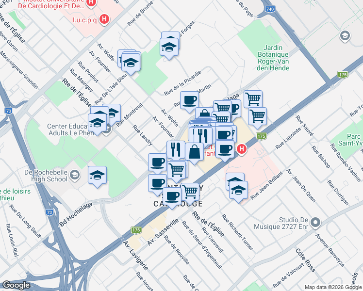 map of restaurants, bars, coffee shops, grocery stores, and more near 1300 Avenue de Germain-des-Prés in Québec