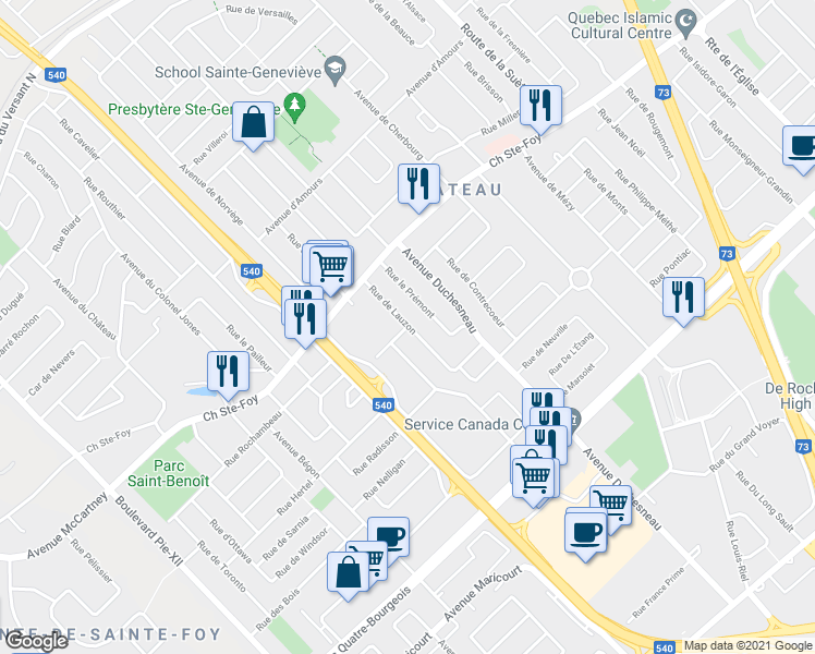 map of restaurants, bars, coffee shops, grocery stores, and more near 215 Rue Étienne Dubreuil in Ville de Québec