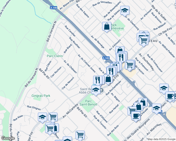 map of restaurants, bars, coffee shops, grocery stores, and more near 741 Avenue du Château in Ville de Québec