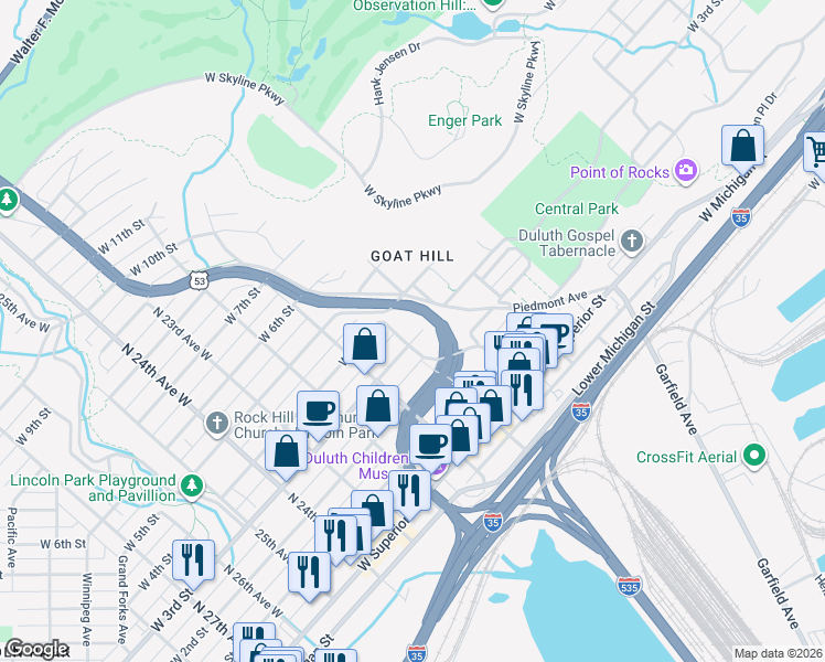 map of restaurants, bars, coffee shops, grocery stores, and more near 1924 West 3rd Street in Duluth