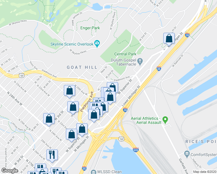 map of restaurants, bars, coffee shops, grocery stores, and more near 1821 West 1st Street in Duluth