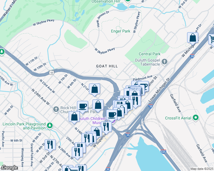 map of restaurants, bars, coffee shops, grocery stores, and more near 1924 West 3rd Street in Duluth