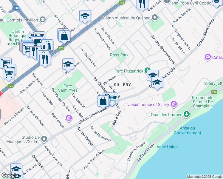 map of restaurants, bars, coffee shops, grocery stores, and more near 1447 Avenue Dobell in Québec