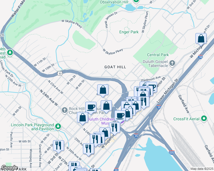 map of restaurants, bars, coffee shops, grocery stores, and more near 2002 West 4th Street in Duluth