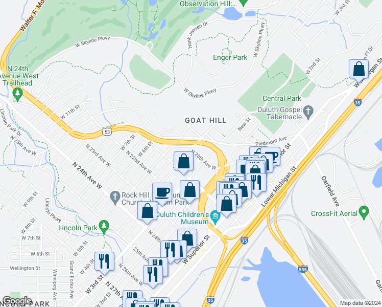 map of restaurants, bars, coffee shops, grocery stores, and more near 2004 West 4th Street in Duluth