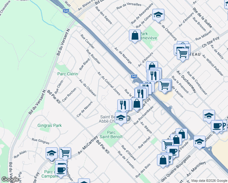 map of restaurants, bars, coffee shops, grocery stores, and more near 746 Avenue du Colonel Jones in Québec