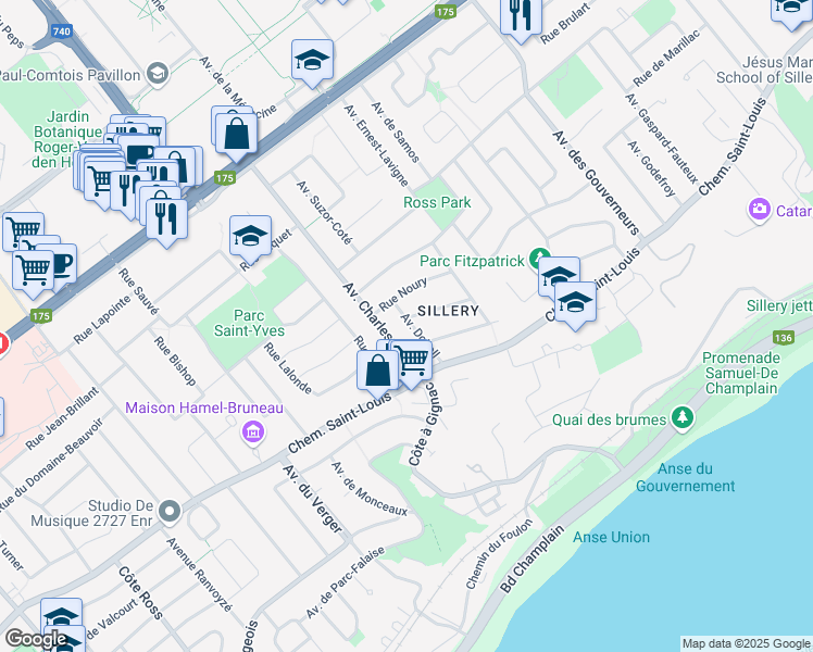 map of restaurants, bars, coffee shops, grocery stores, and more near 1447 Avenue Dobell in Québec
