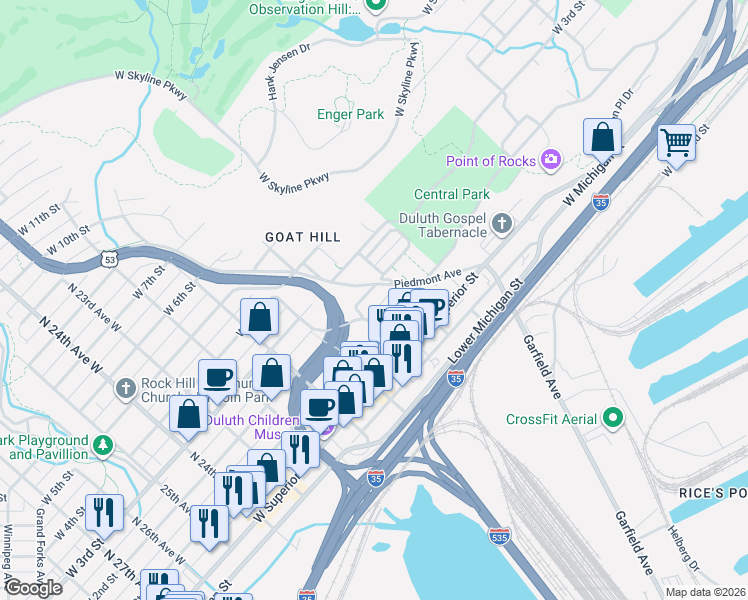 map of restaurants, bars, coffee shops, grocery stores, and more near 1821 West 1st Street in Duluth