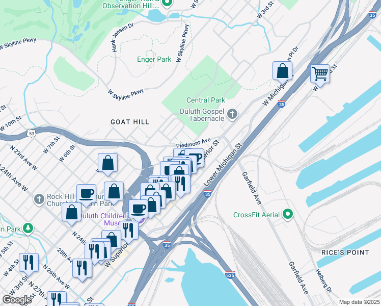 map of restaurants, bars, coffee shops, grocery stores, and more near 10 North 18th Avenue West in Duluth