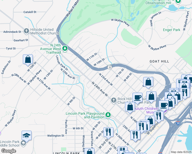 map of restaurants, bars, coffee shops, grocery stores, and more near 818 North 24th Avenue West in Duluth