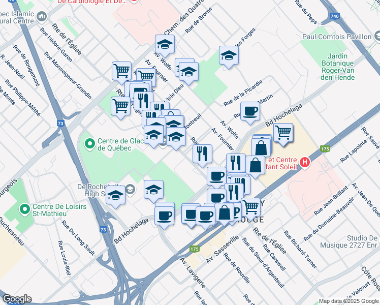 map of restaurants, bars, coffee shops, grocery stores, and more near 2855 Rue le Noblet in Québec City